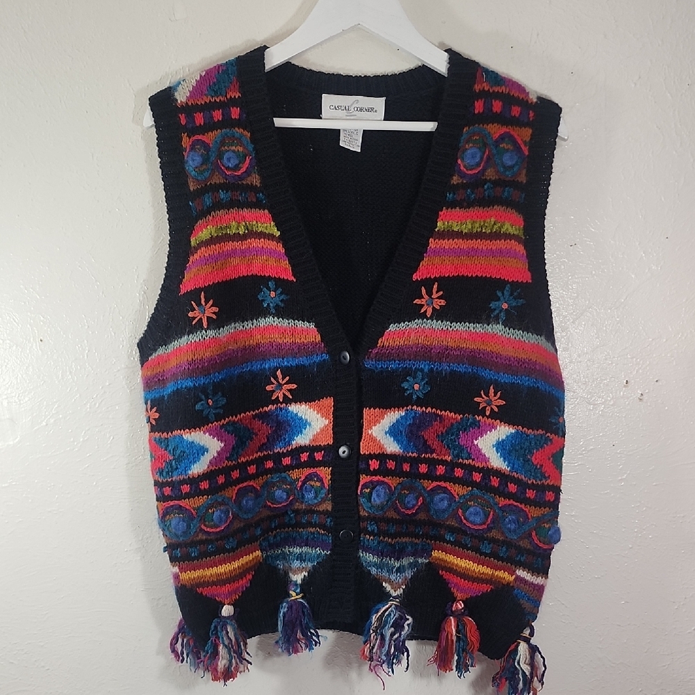 Casual Corner Vintage Wool Mix Colorful Floral Knit Vest with Tassels Size M